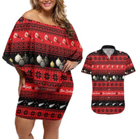 New Zealand Darts Christmas Couples Matching Off Shoulder Short Dress and Hawaiian Shirt Merry Xmas Aotearoa Maori Red - Polynesian Pride