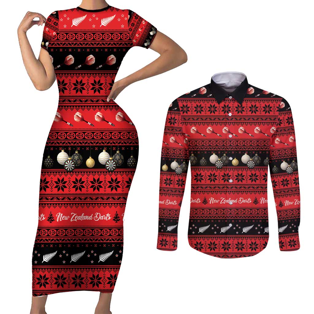 New Zealand Darts Christmas Couples Matching Short Sleeve Bodycon Dress and Long Sleeve Button Shirt Merry Xmas Aotearoa Maori Red - Polynesian Pride
