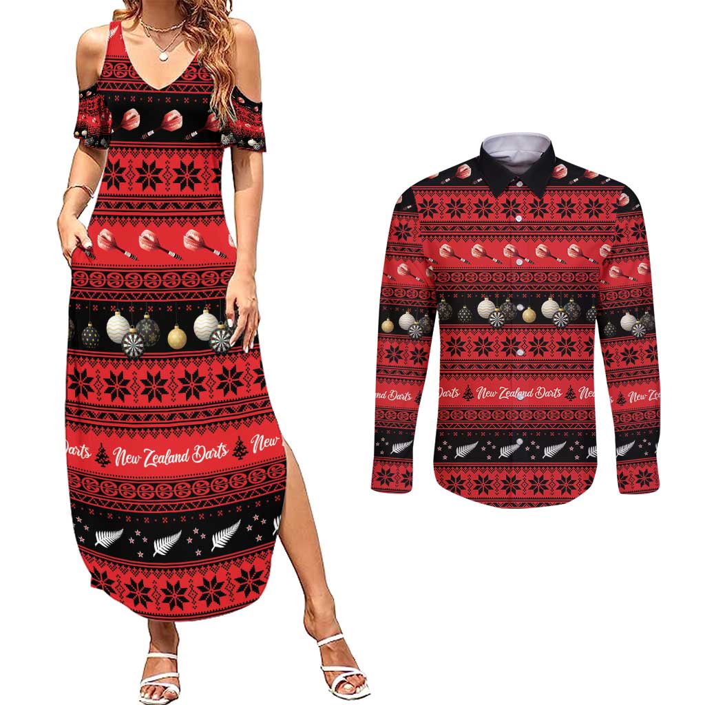 New Zealand Darts Christmas Couples Matching Summer Maxi Dress and Long Sleeve Button Shirt Merry Xmas Aotearoa Maori Red - Polynesian Pride