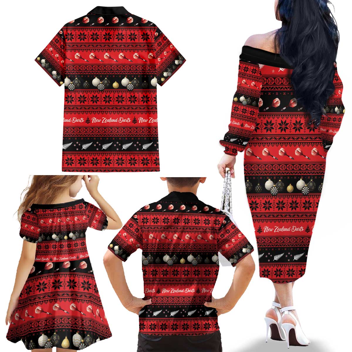 New Zealand Darts Christmas Family Matching Off The Shoulder Long Sleeve Dress and Hawaiian Shirt Merry Xmas Aotearoa Maori Red - Polynesian Pride
