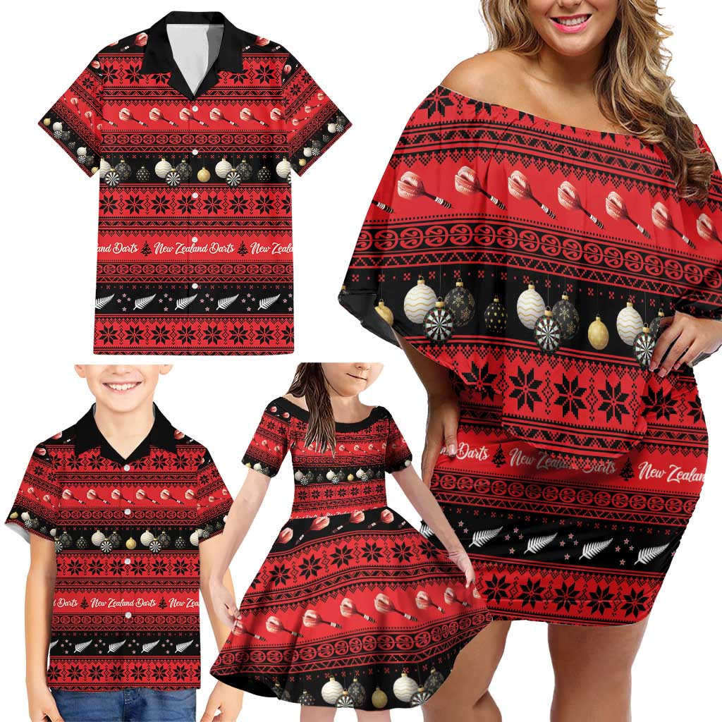 New Zealand Darts Christmas Family Matching Off Shoulder Short Dress and Hawaiian Shirt Merry Xmas Aotearoa Maori Red - Polynesian Pride
