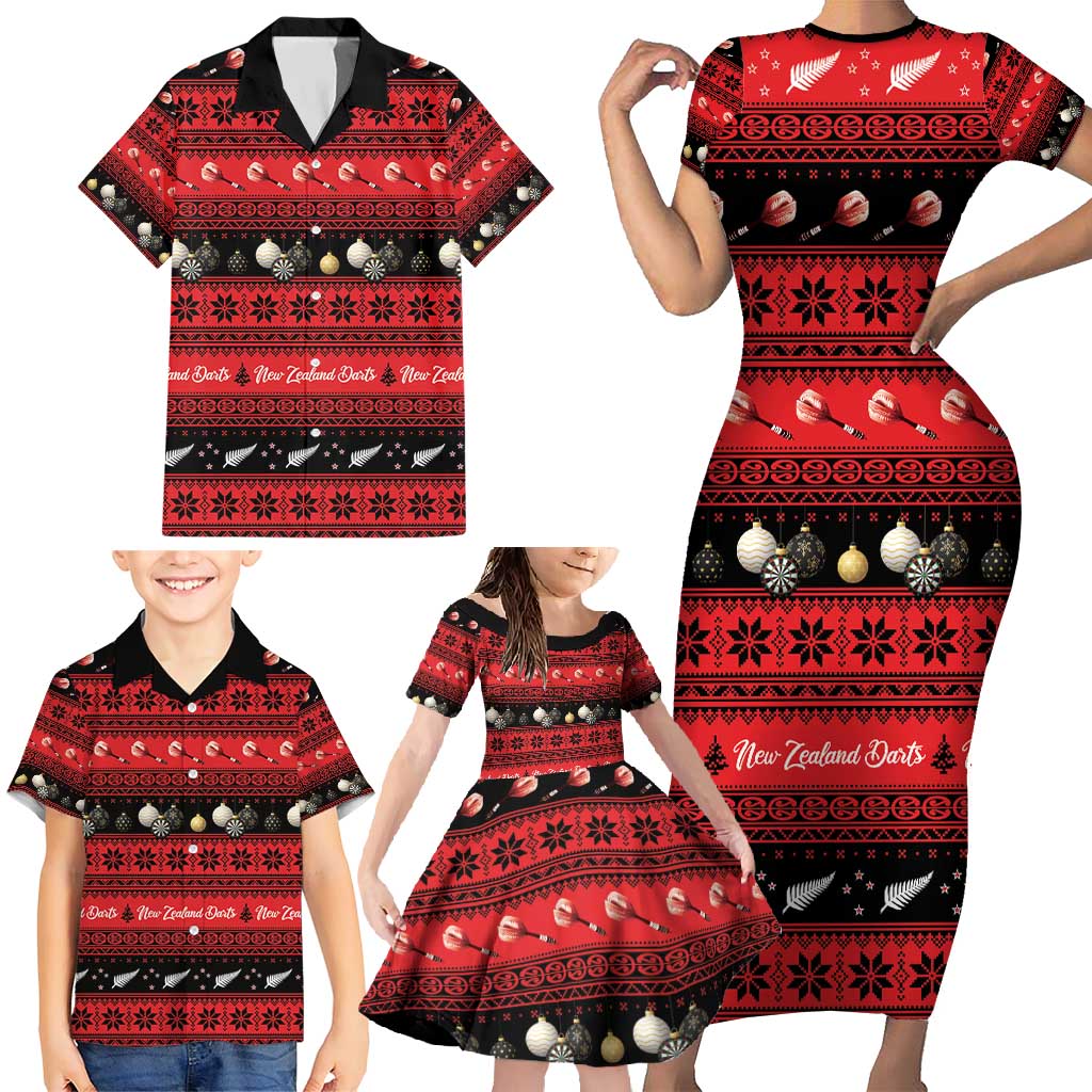 New Zealand Darts Christmas Family Matching Short Sleeve Bodycon Dress and Hawaiian Shirt Merry Xmas Aotearoa Maori Red - Polynesian Pride