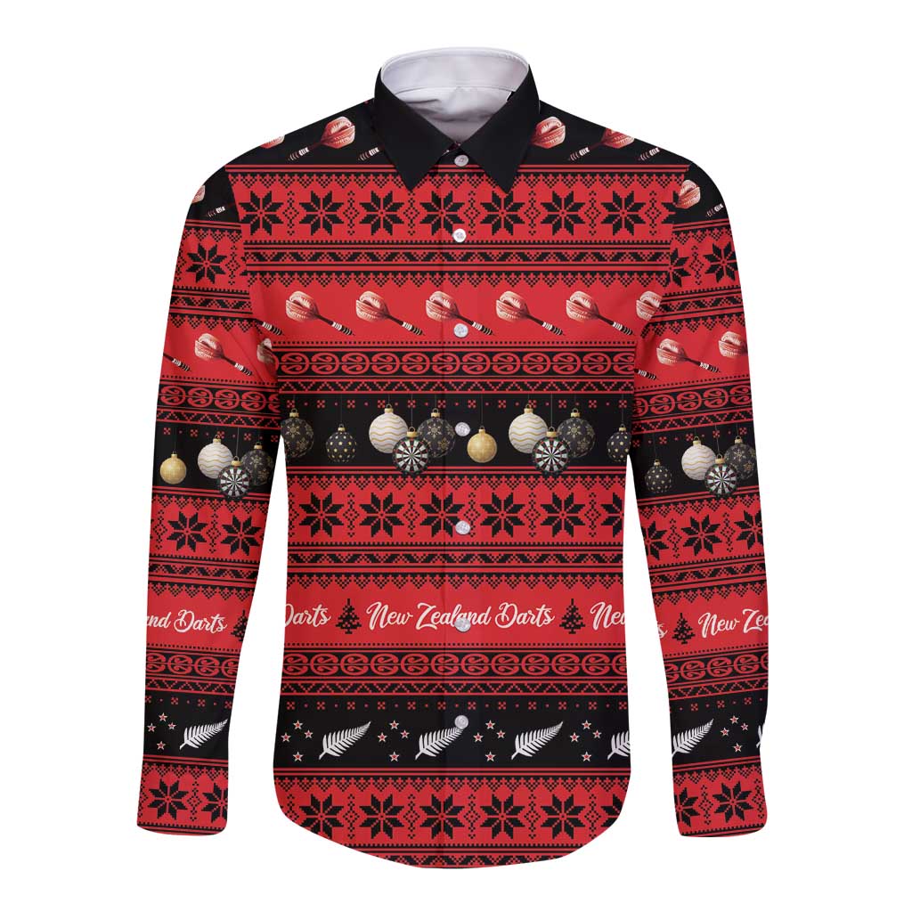 New Zealand Darts Christmas Long Sleeve Button Shirt Merry Xmas Aotearoa Maori Red - Polynesian Pride