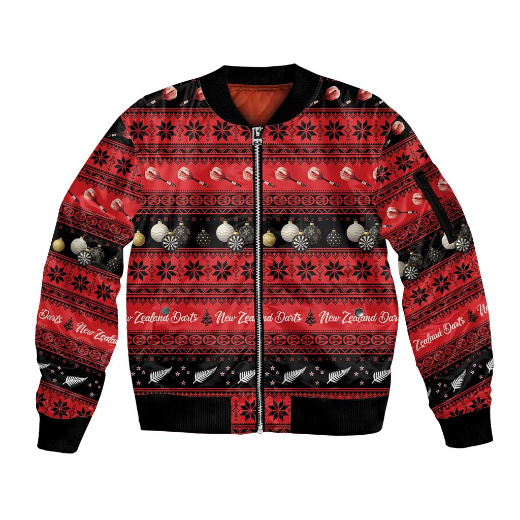 New Zealand Darts Christmas Sleeve Zip Bomber Jacket Merry Xmas Aotearoa Maori Red LT14 Unisex Red - Polynesian Pride