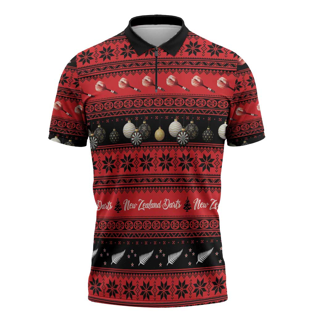 New Zealand Darts Christmas Zipper Polo Shirt Merry Xmas Aotearoa Maori Red - Polynesian Pride