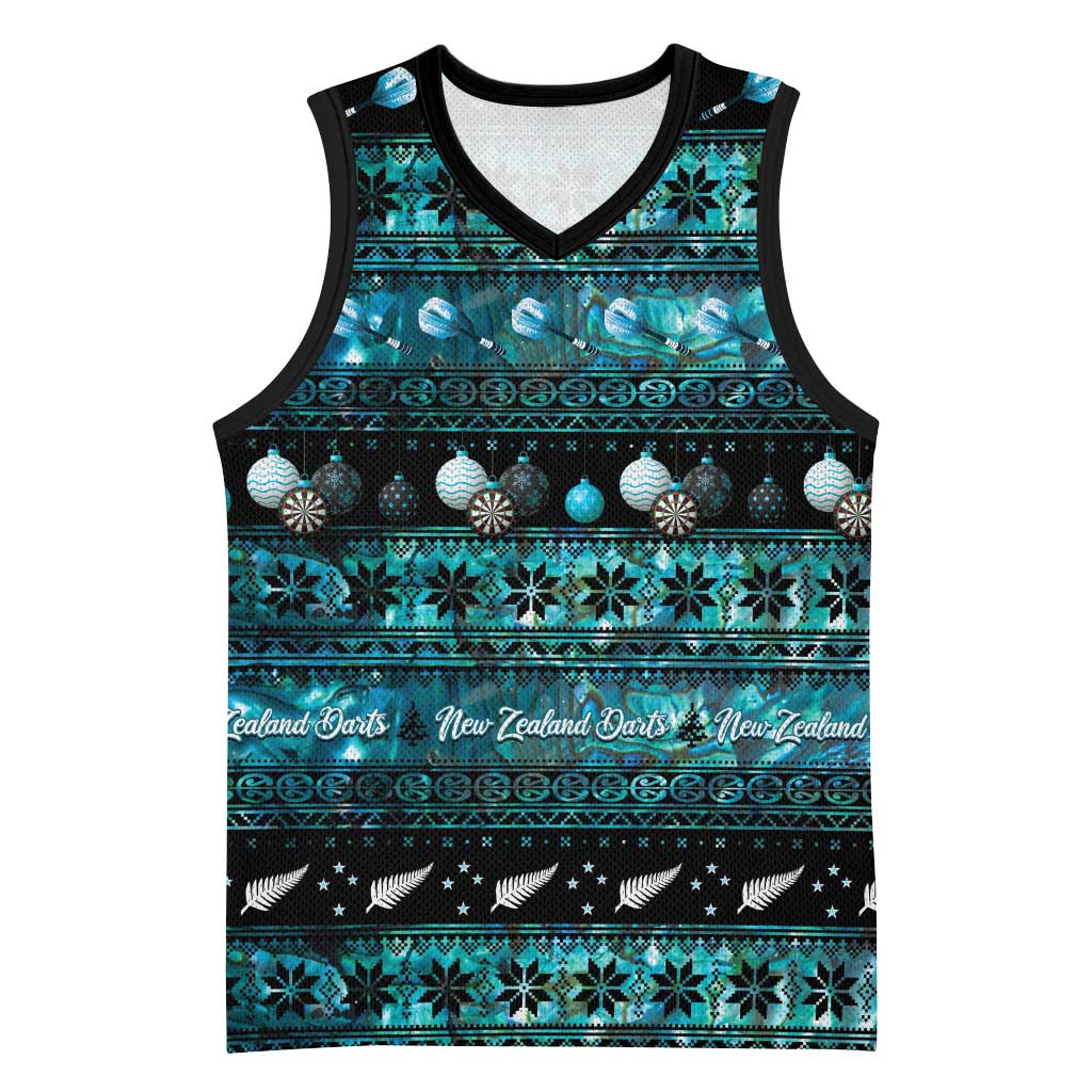 New Zealand Darts Christmas Basketball Jersey Merry Xmas Aotearoa Maori Paua Shell - Polynesian Pride