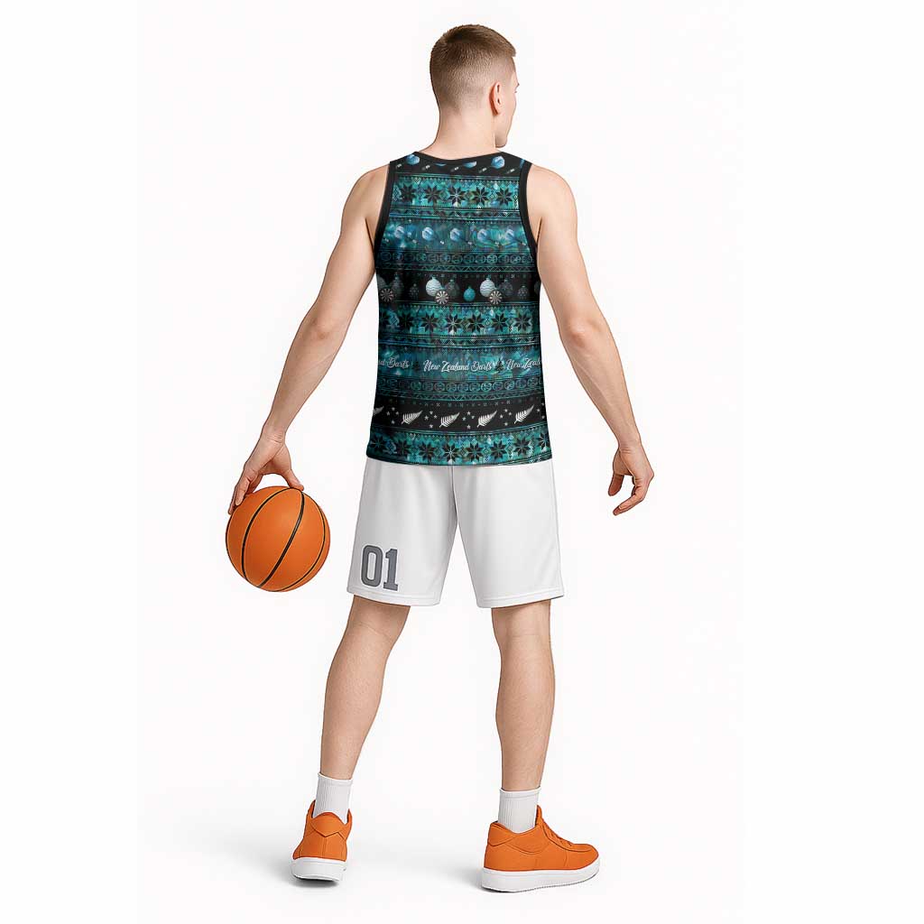 New Zealand Darts Christmas Basketball Jersey Merry Xmas Aotearoa Maori Paua Shell - Polynesian Pride