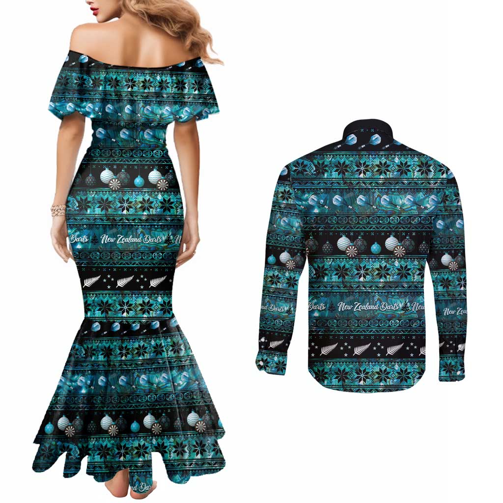 New Zealand Darts Christmas Couples Matching Mermaid Dress and Long Sleeve Button Shirt Merry Xmas Aotearoa Maori Paua Shell - Polynesian Pride
