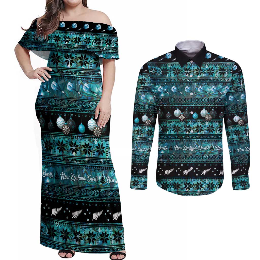 New Zealand Darts Christmas Couples Matching Off Shoulder Maxi Dress and Long Sleeve Button Shirt Merry Xmas Aotearoa Maori Paua Shell - Polynesian Pride