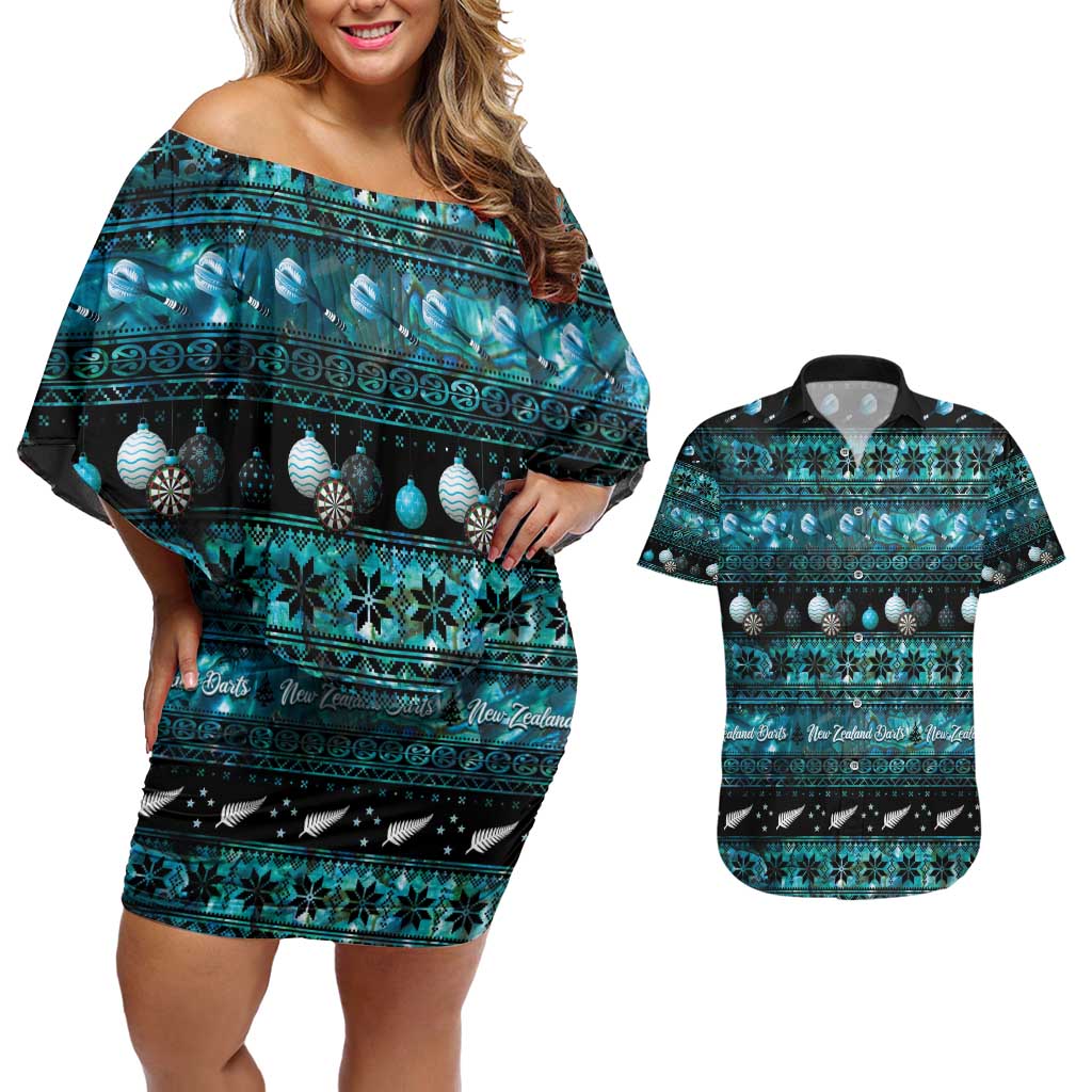 New Zealand Darts Christmas Couples Matching Off Shoulder Short Dress and Hawaiian Shirt Merry Xmas Aotearoa Maori Paua Shell - Polynesian Pride