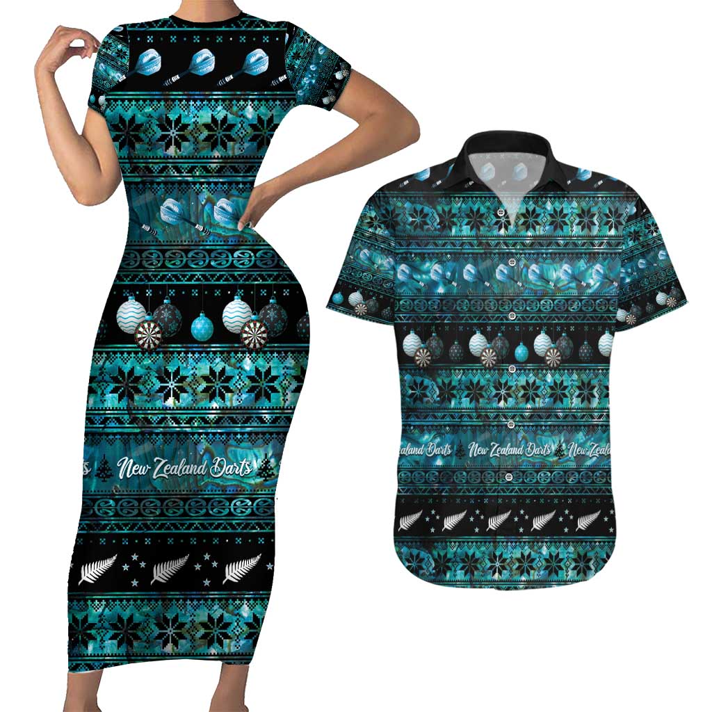 New Zealand Darts Christmas Couples Matching Short Sleeve Bodycon Dress and Hawaiian Shirt Merry Xmas Aotearoa Maori Paua Shell - Polynesian Pride