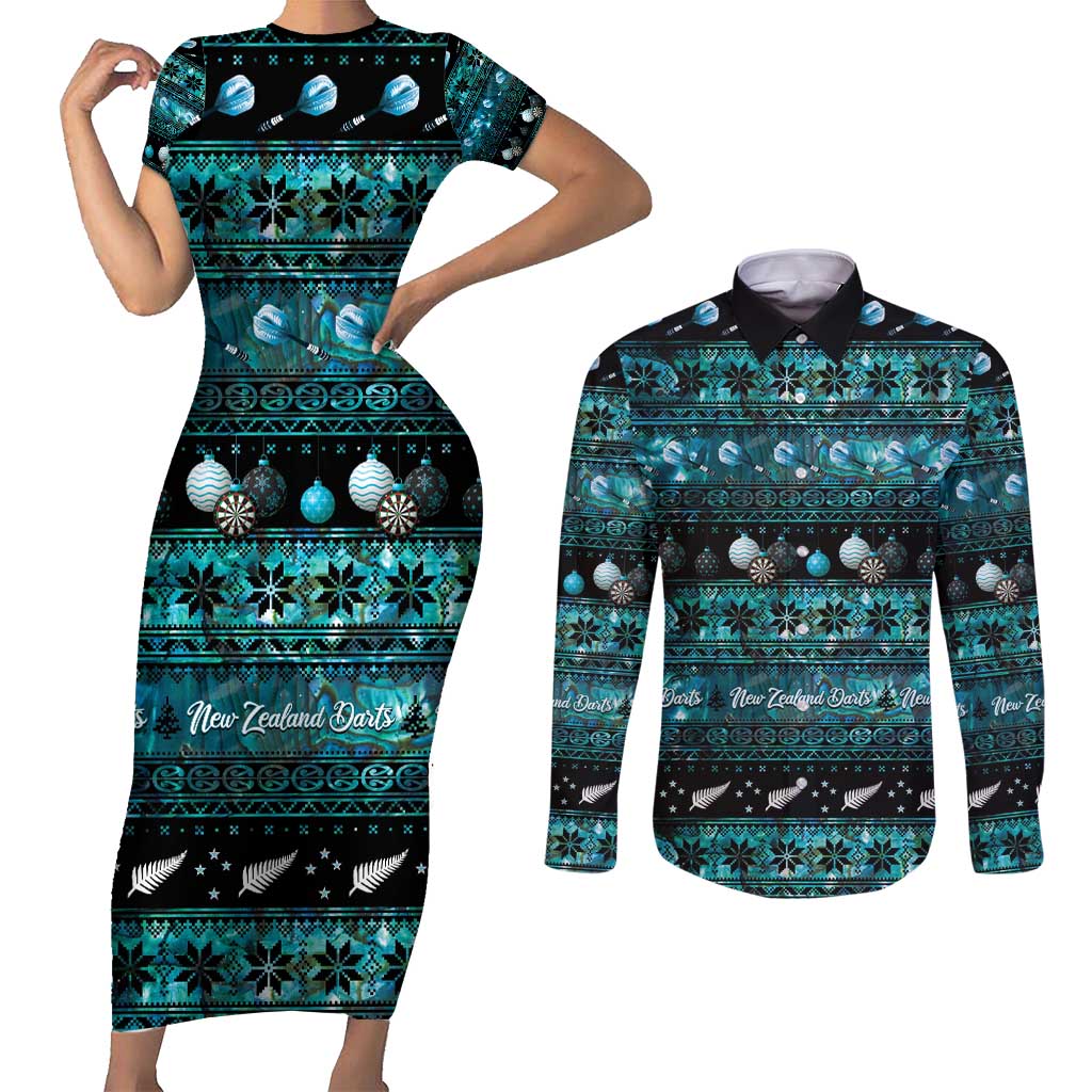 New Zealand Darts Christmas Couples Matching Short Sleeve Bodycon Dress and Long Sleeve Button Shirt Merry Xmas Aotearoa Maori Paua Shell - Polynesian Pride