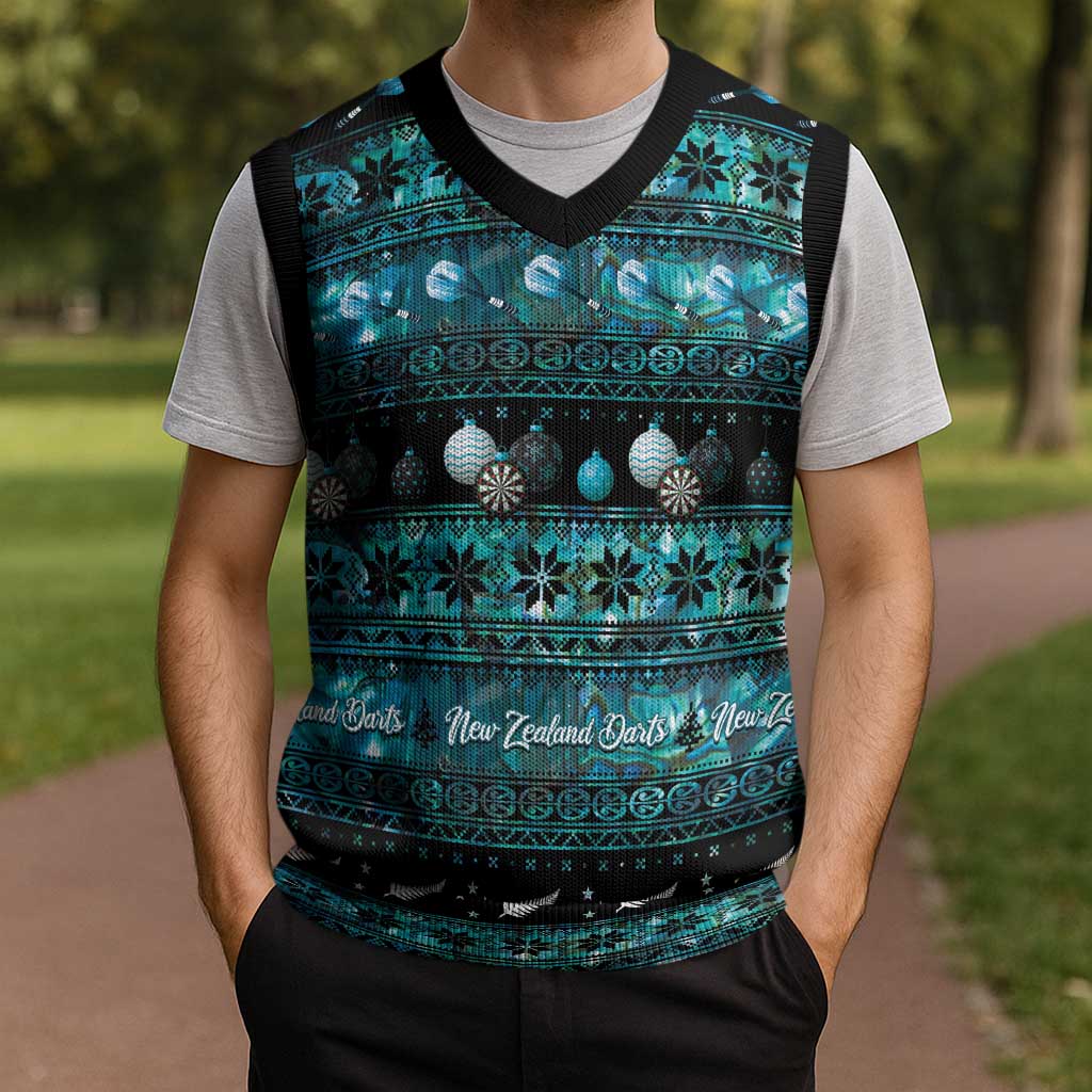 New Zealand Darts Christmas Knitted V-Neck Vest Merry Xmas Aotearoa Maori Paua Shell - Polynesian Pride