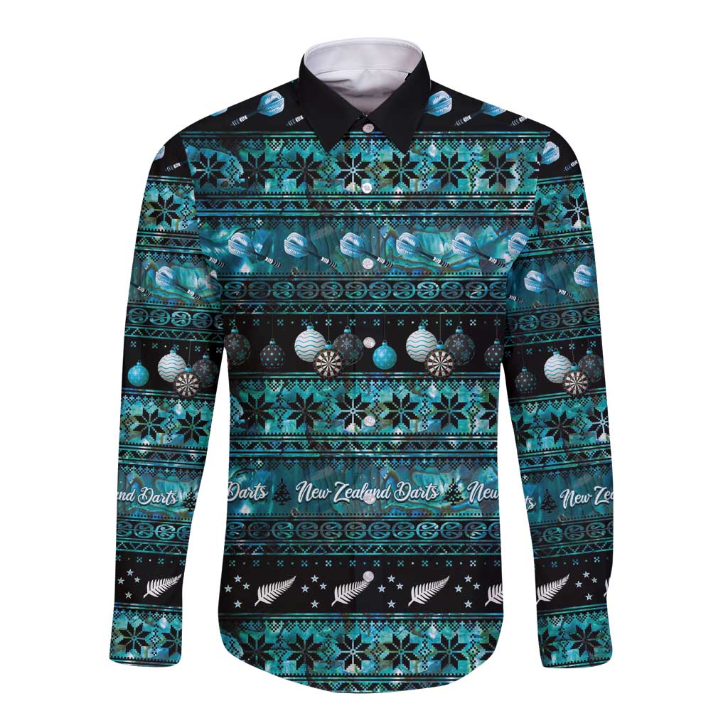 New Zealand Darts Christmas Long Sleeve Button Shirt Merry Xmas Aotearoa Maori Paua Shell - Polynesian Pride