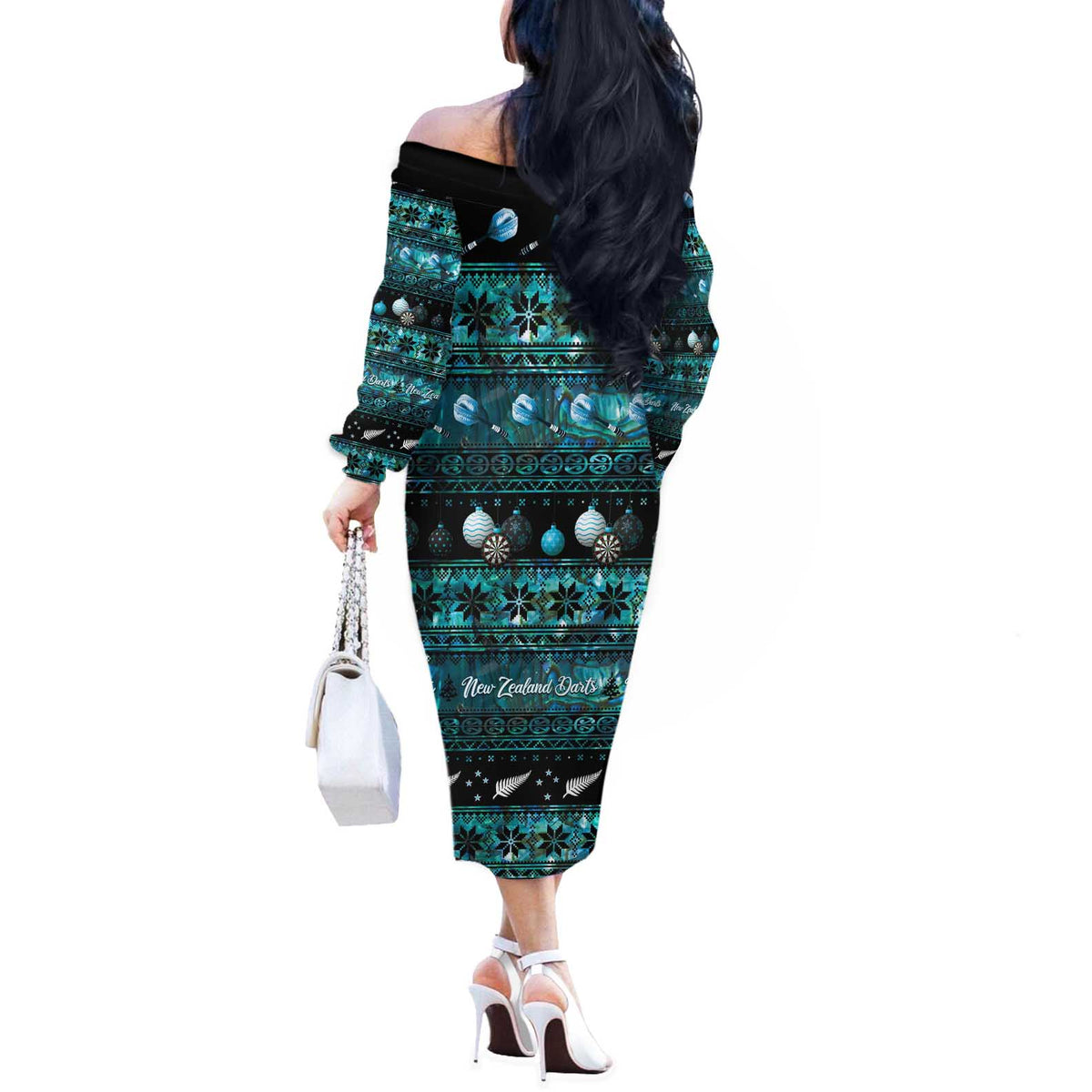 New Zealand Darts Christmas Off The Shoulder Long Sleeve Dress Merry Xmas Aotearoa Maori Paua Shell - Polynesian Pride