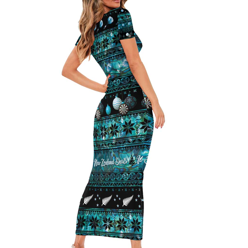 New Zealand Darts Christmas Short Sleeve Bodycon Dress Merry Xmas Aotearoa Maori Paua Shell - Polynesian Pride
