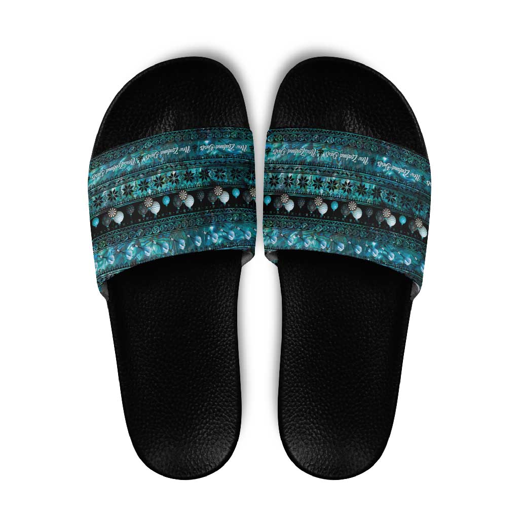 New Zealand Darts Christmas Slide Sandals Merry Xmas Aotearoa Maori Paua Shell LT14 Cyan - Polynesian Pride