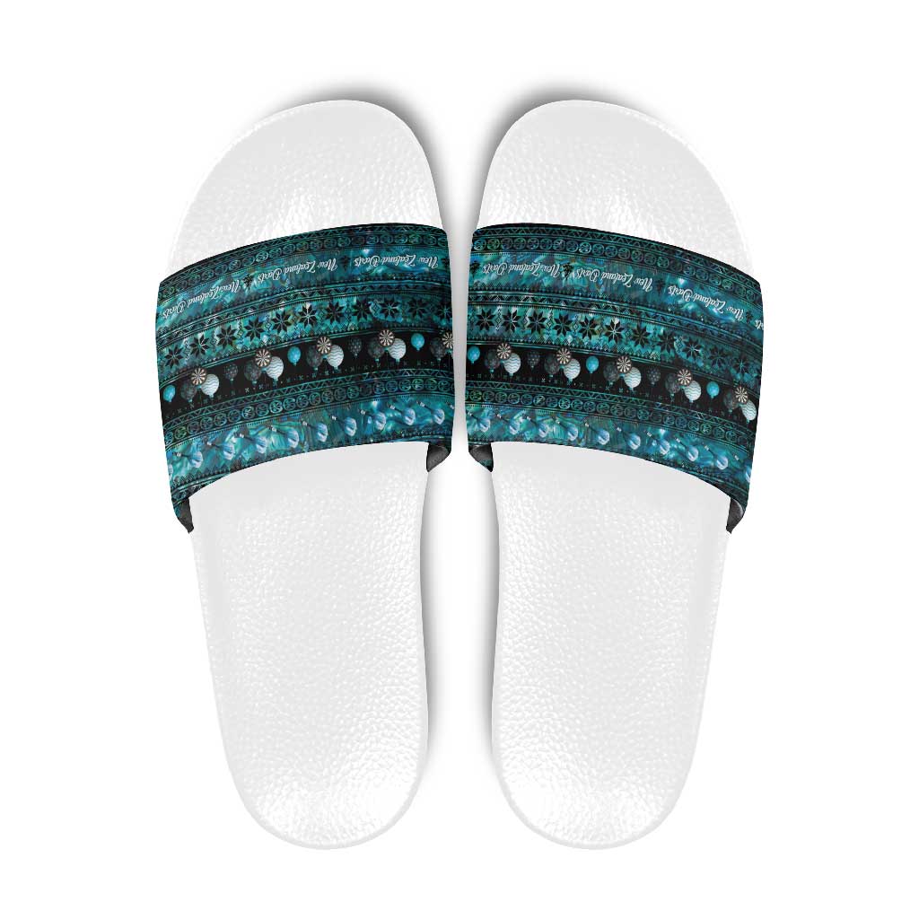 New Zealand Darts Christmas Slide Sandals Merry Xmas Aotearoa Maori Paua Shell LT14 Cyan - Polynesian Pride