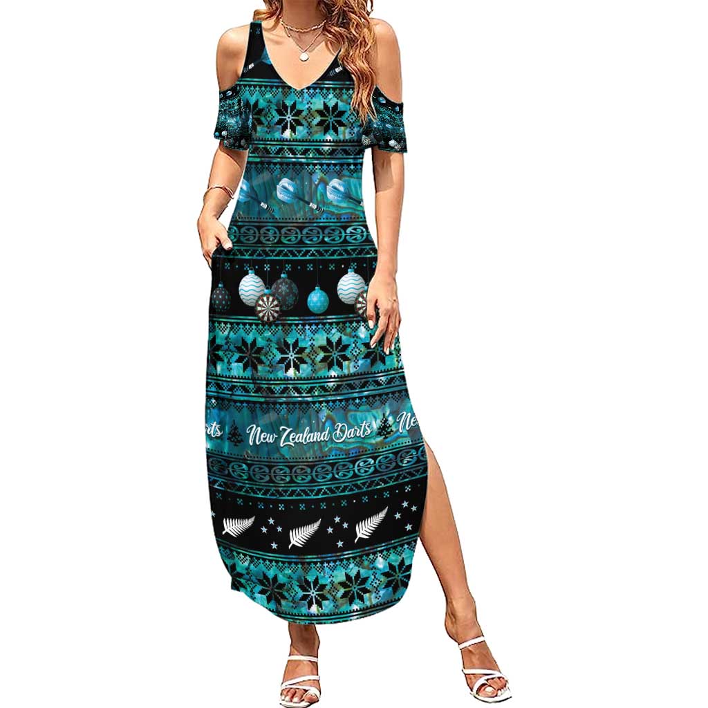 New Zealand Darts Christmas Summer Maxi Dress Merry Xmas Aotearoa Maori Paua Shell LT14 Women Cyan - Polynesian Pride