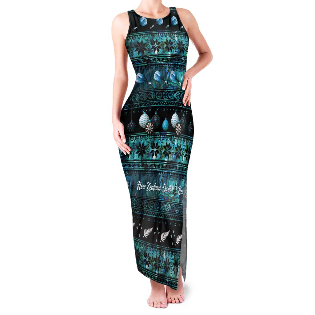 New Zealand Darts Christmas Tank Maxi Dress Merry Xmas Aotearoa Maori Paua Shell LT14 Women Cyan - Polynesian Pride