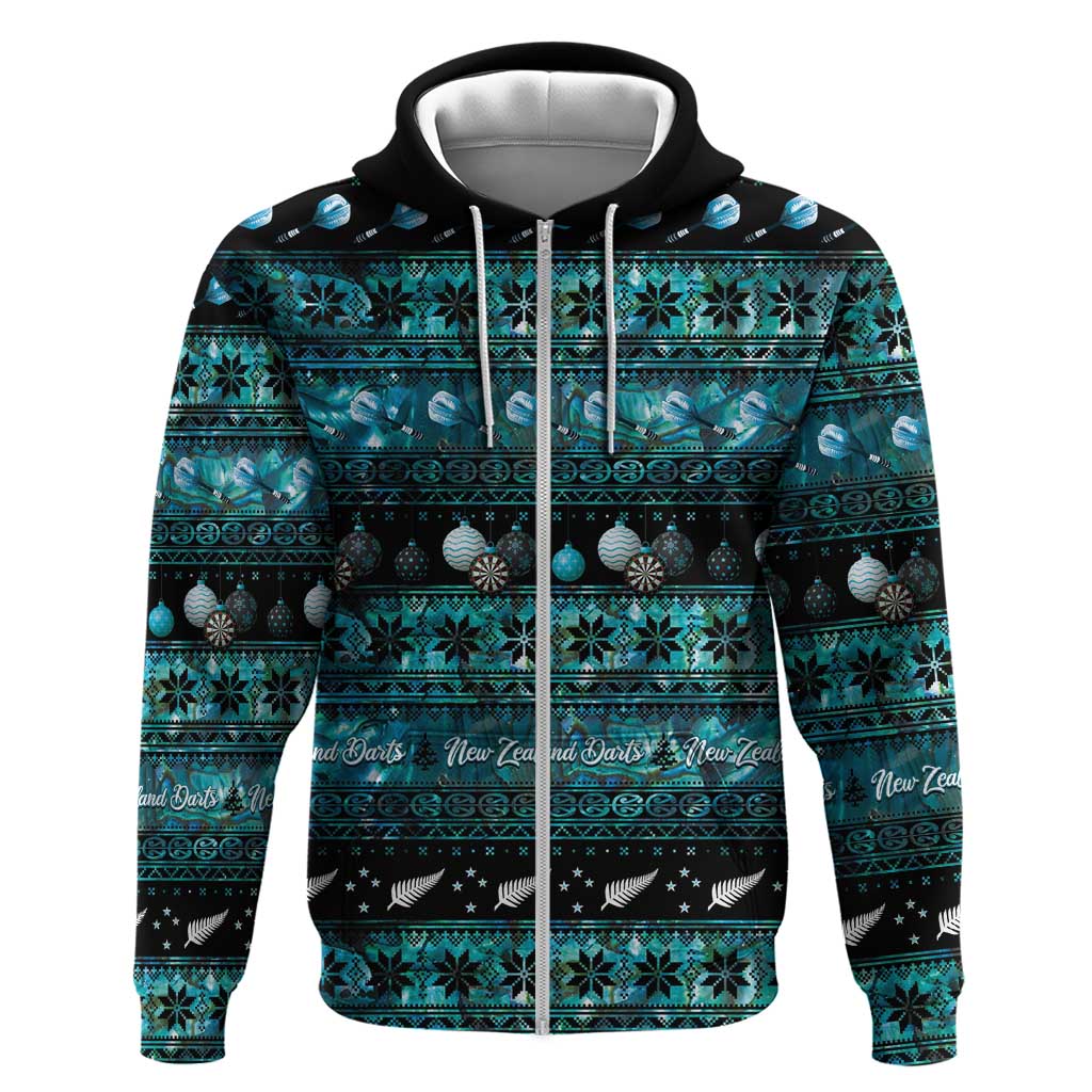 New Zealand Darts Christmas Zip Hoodie Merry Xmas Aotearoa Maori Paua Shell LT14 Zip Hoodie Cyan - Polynesian Pride