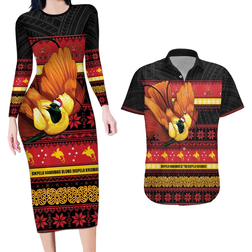 Papua New Guinea Christmas Couples Matching Long Sleeve Bodycon Dress and Hawaiian Shirt Bikpela hamamas blong dispela Krismas - Polynesian Pride