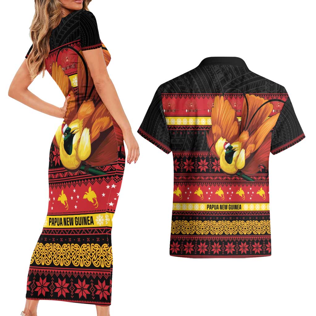 Papua New Guinea Christmas Couples Matching Short Sleeve Bodycon Dress and Hawaiian Shirt Bikpela hamamas blong dispela Krismas - Polynesian Pride