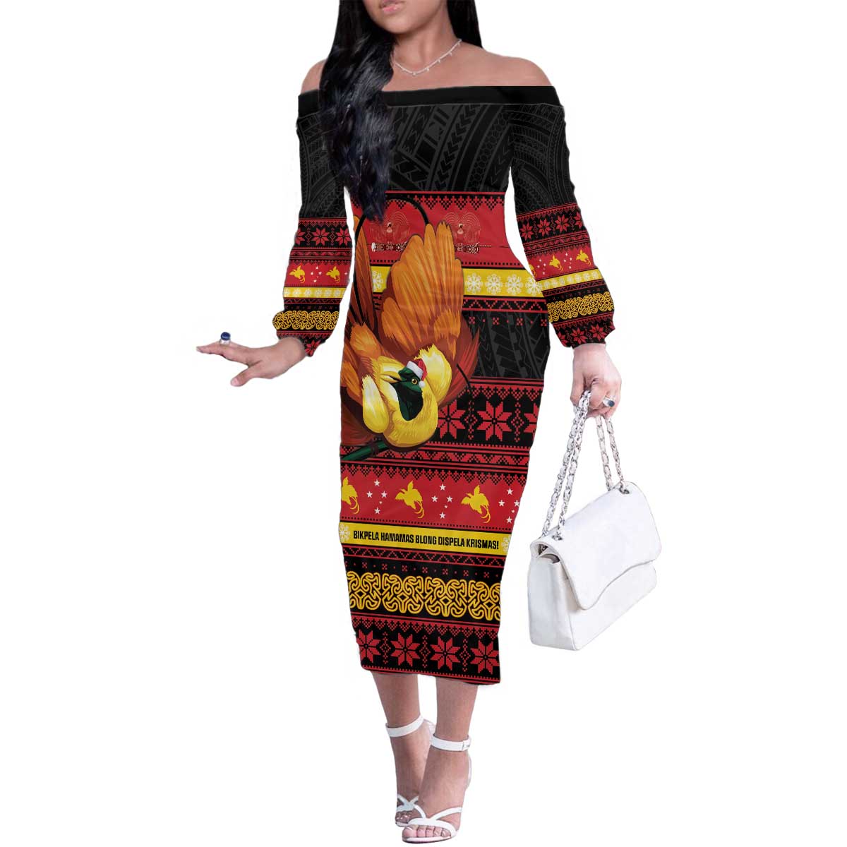 Papua New Guinea Christmas Family Matching Off The Shoulder Long Sleeve Dress and Hawaiian Shirt Bikpela hamamas blong dispela Krismas - Polynesian Pride