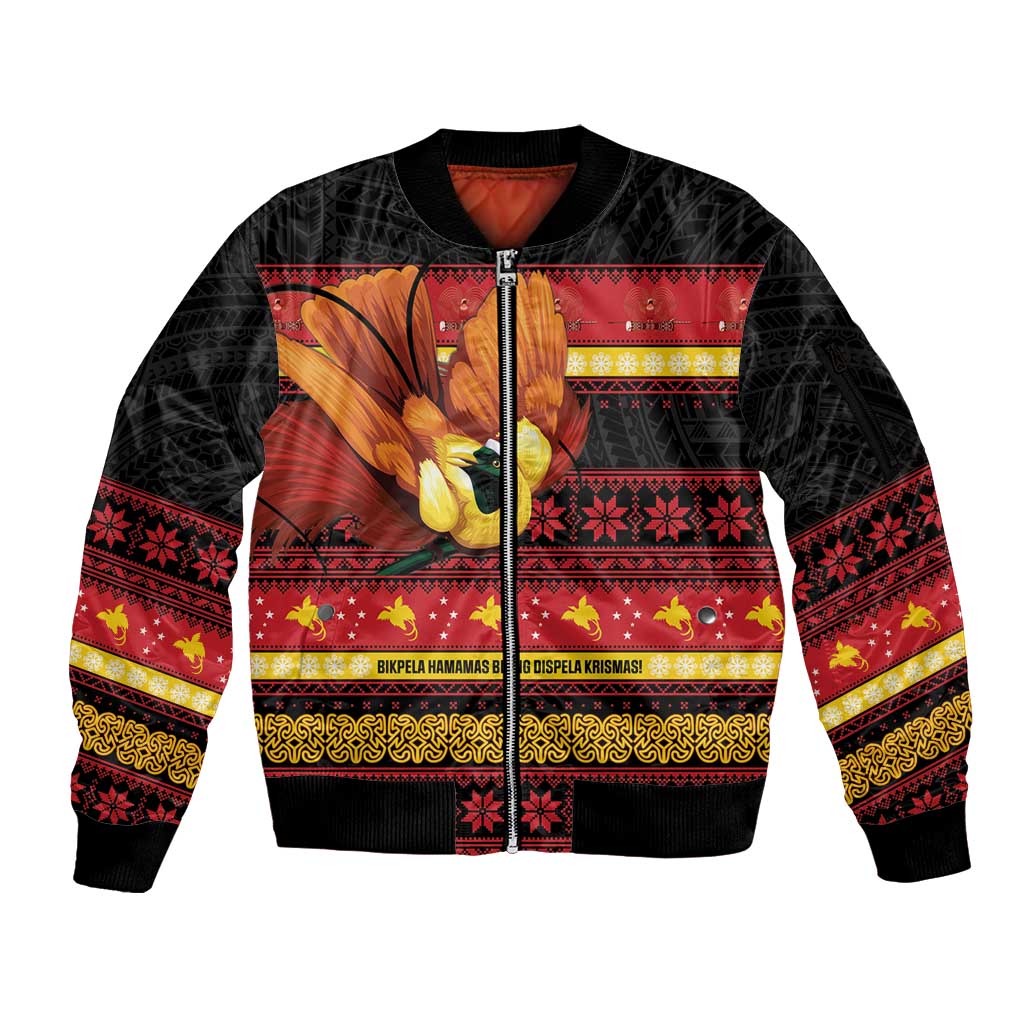 Papua New Guinea Christmas Sleeve Zip Bomber Jacket Bikpela hamamas blong dispela Krismas LT14 Unisex Red - Polynesian Pride