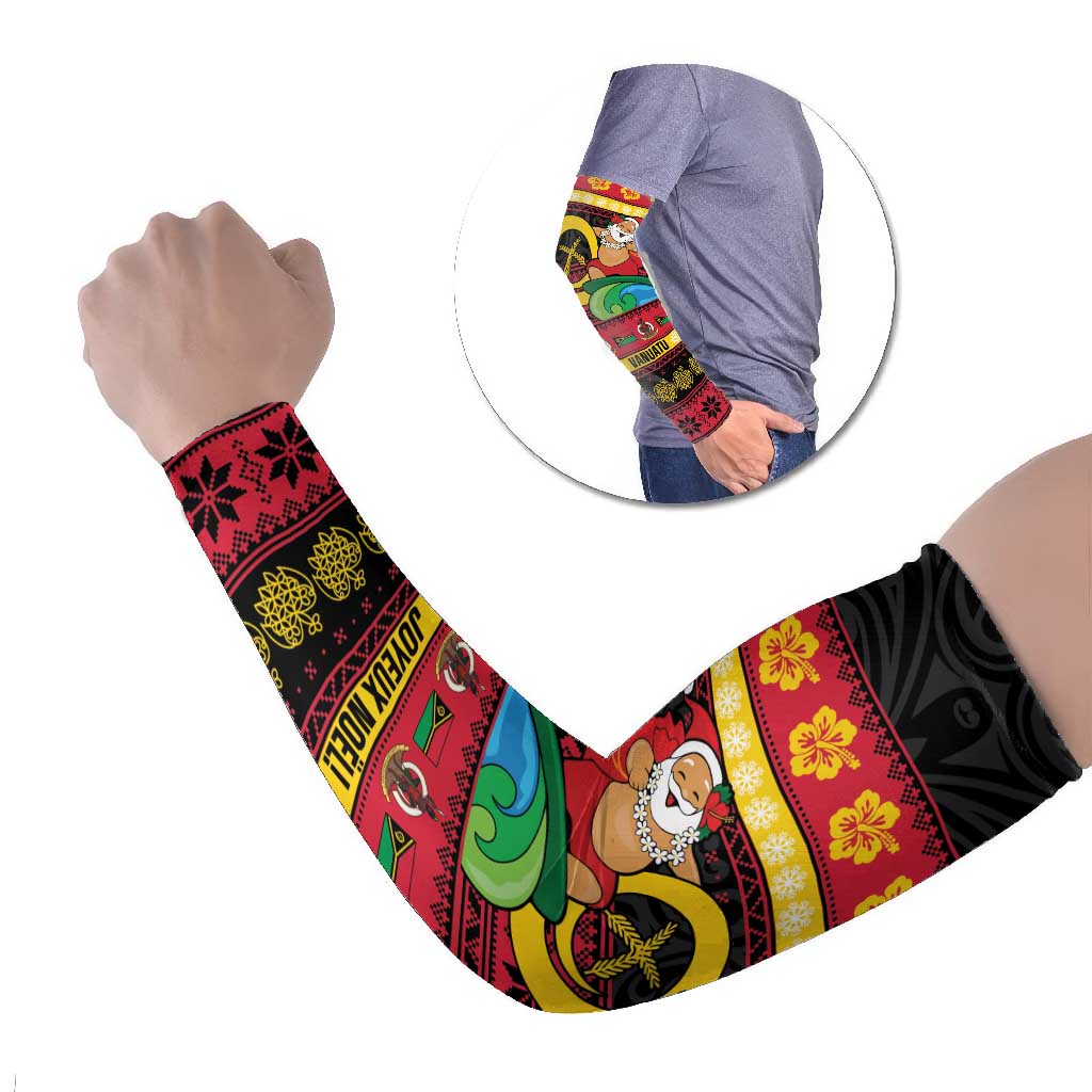 Vanuatu Christmas Arm Sleeves Joyeux Noel Surfing Santa With Boar Tusk - Polynesian Pride