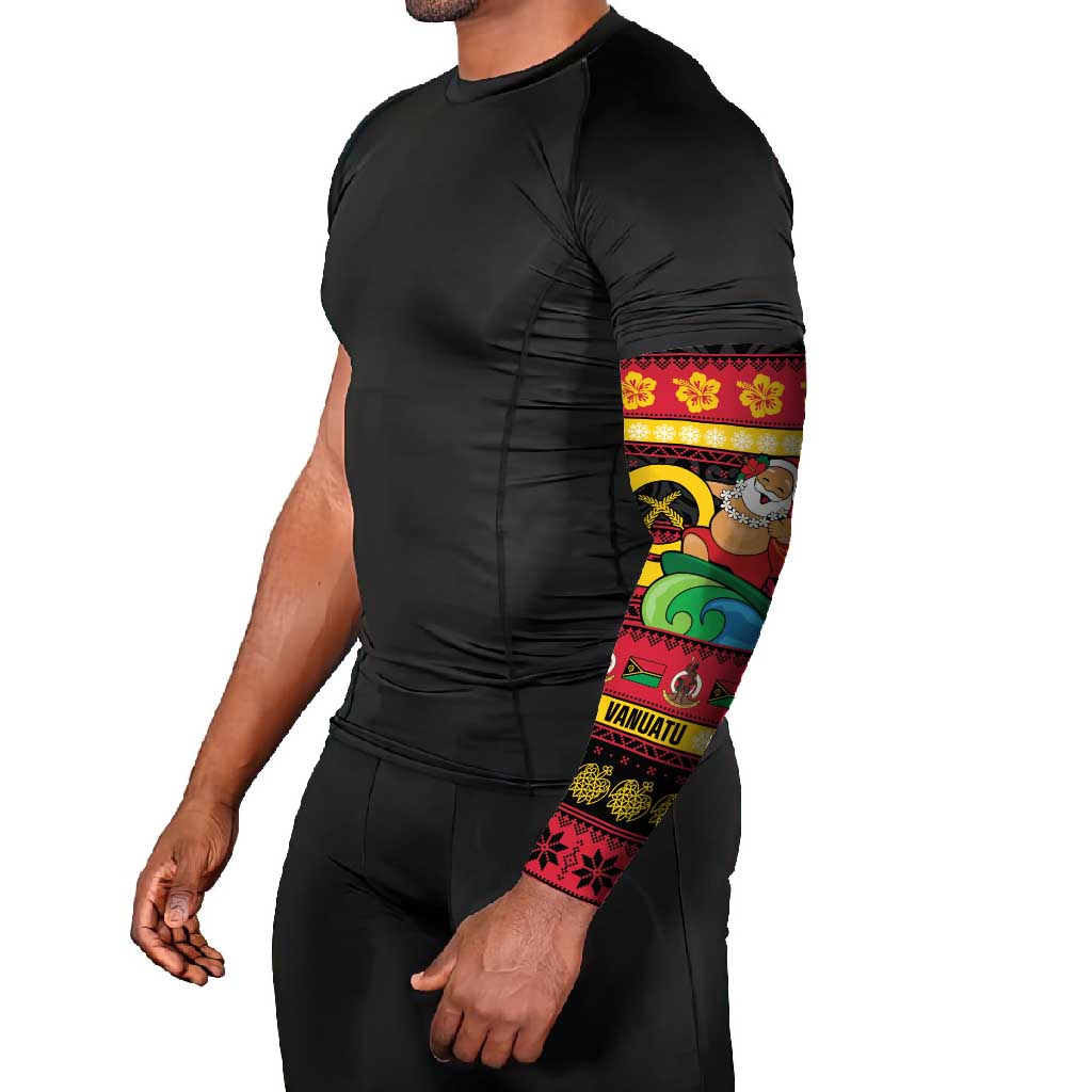 Vanuatu Christmas Arm Sleeves Joyeux Noel Surfing Santa With Boar Tusk - Polynesian Pride
