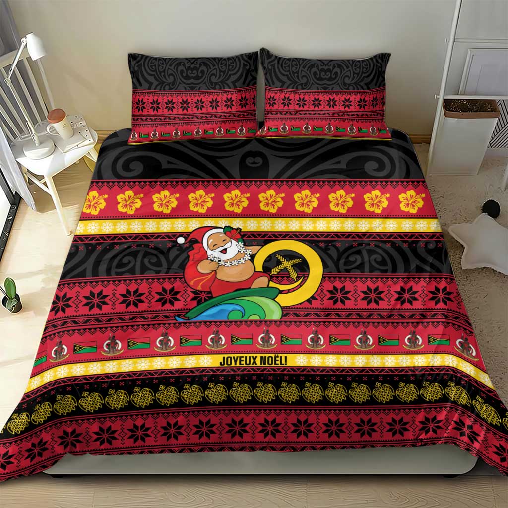 Vanuatu Christmas Bedding Set Joyeux Noel Surfing Santa With Boar Tusk - Polynesian Pride
