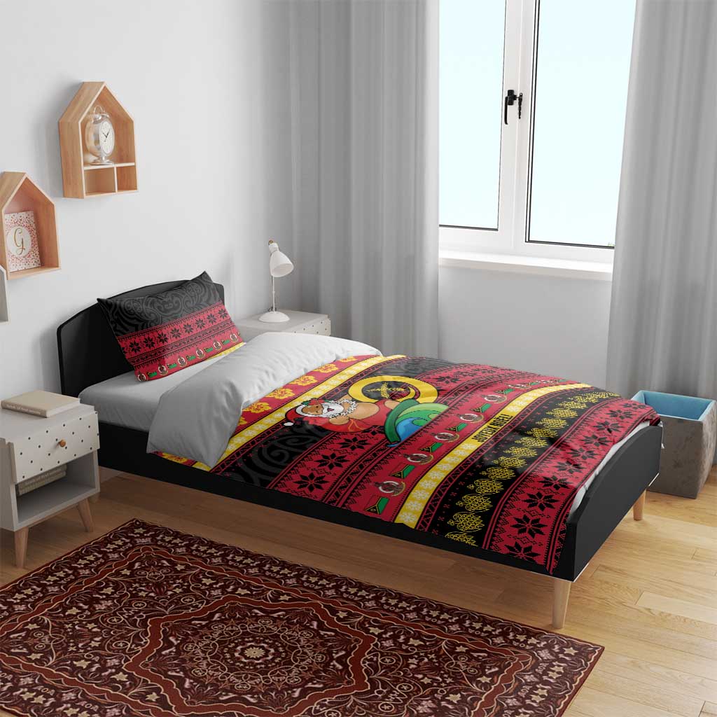 Vanuatu Christmas Bedding Set Joyeux Noel Surfing Santa With Boar Tusk - Polynesian Pride