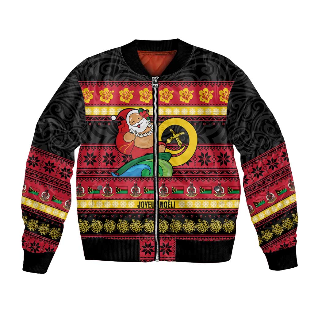 Vanuatu Christmas Bomber Jacket Joyeux Noel Surfing Santa With Boar Tusk LT14 Unisex Red - Polynesian Pride