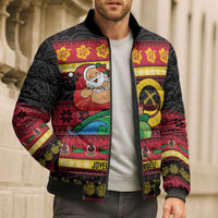 Vanuatu Christmas Bomber Puffer Jacket Joyeux Noel Surfing Santa With Boar Tusk - Polynesian Pride