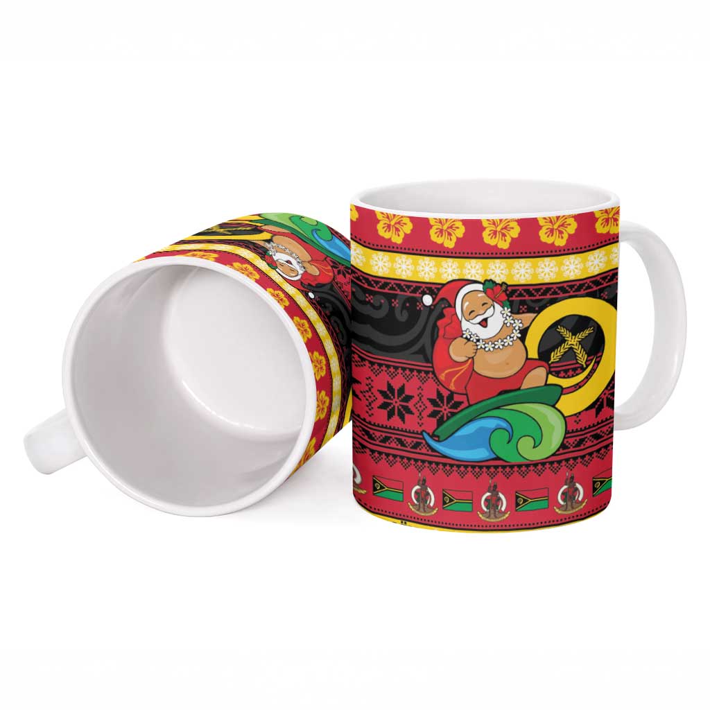 Vanuatu Christmas Ceramic Mug Joyeux Noel Surfing Santa With Boar Tusk - Polynesian Pride