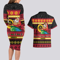 Vanuatu Christmas Couples Matching Long Sleeve Bodycon Dress and Hawaiian Shirt Joyeux Noel Surfing Santa With Boar Tusk - Polynesian Pride