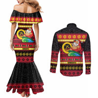 Vanuatu Christmas Couples Matching Mermaid Dress and Long Sleeve Button Shirt Joyeux Noel Surfing Santa With Boar Tusk - Polynesian Pride