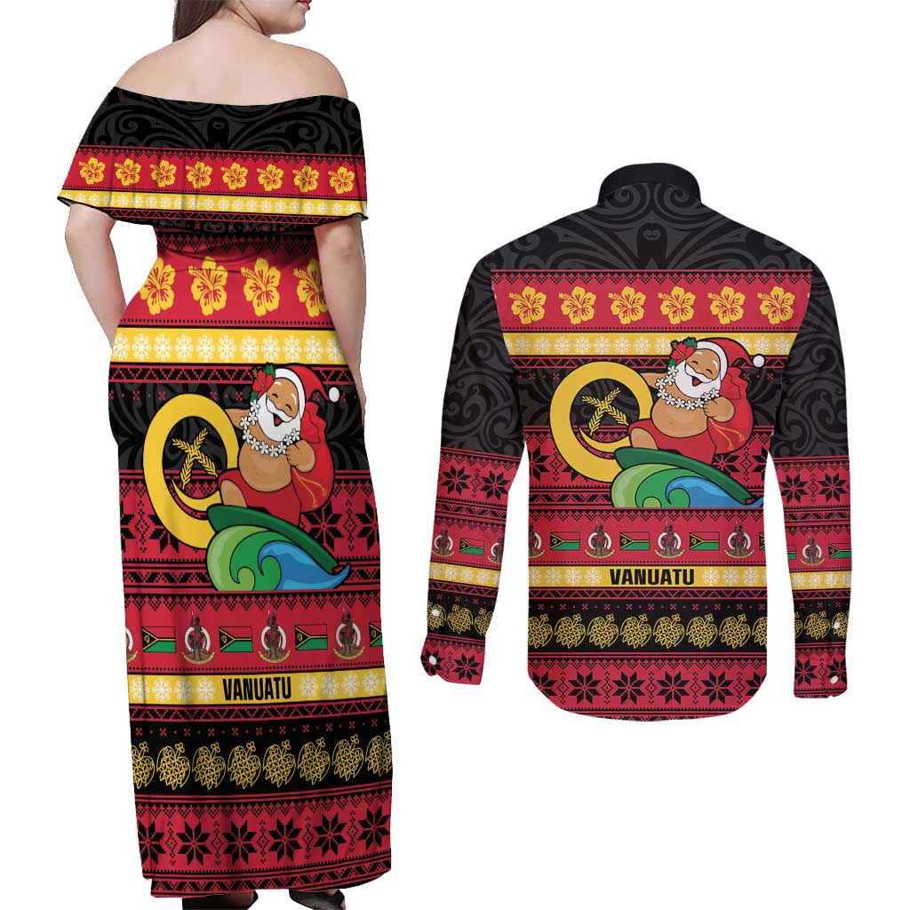 Vanuatu Christmas Couples Matching Off Shoulder Maxi Dress and Long Sleeve Button Shirt Joyeux Noel Surfing Santa With Boar Tusk - Polynesian Pride
