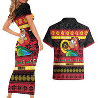 Vanuatu Christmas Couples Matching Short Sleeve Bodycon Dress and Hawaiian Shirt Joyeux Noel Surfing Santa With Boar Tusk - Polynesian Pride
