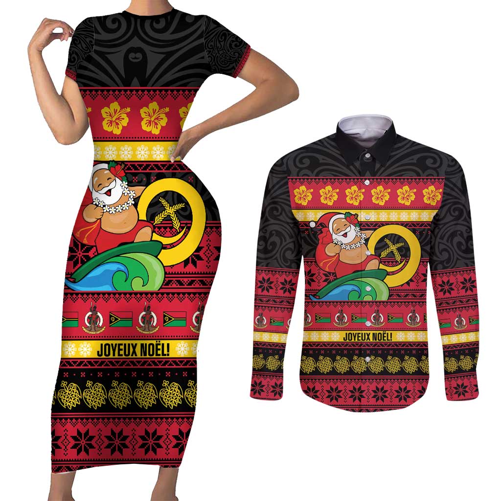 Vanuatu Christmas Couples Matching Short Sleeve Bodycon Dress and Long Sleeve Button Shirt Joyeux Noel Surfing Santa With Boar Tusk - Polynesian Pride