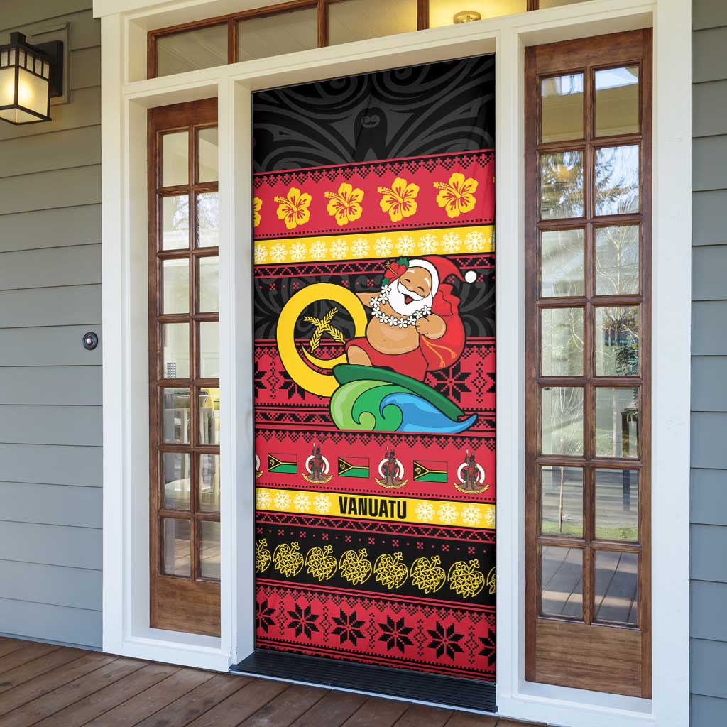 Vanuatu Christmas Door Cover Joyeux Noel Surfing Santa With Boar Tusk - Polynesian Pride