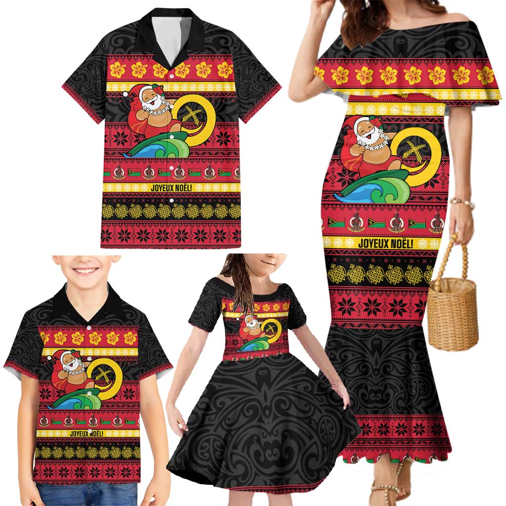 Vanuatu Christmas Family Matching Mermaid Dress and Hawaiian Shirt Joyeux Noel Surfing Santa With Boar Tusk - Polynesian Pride