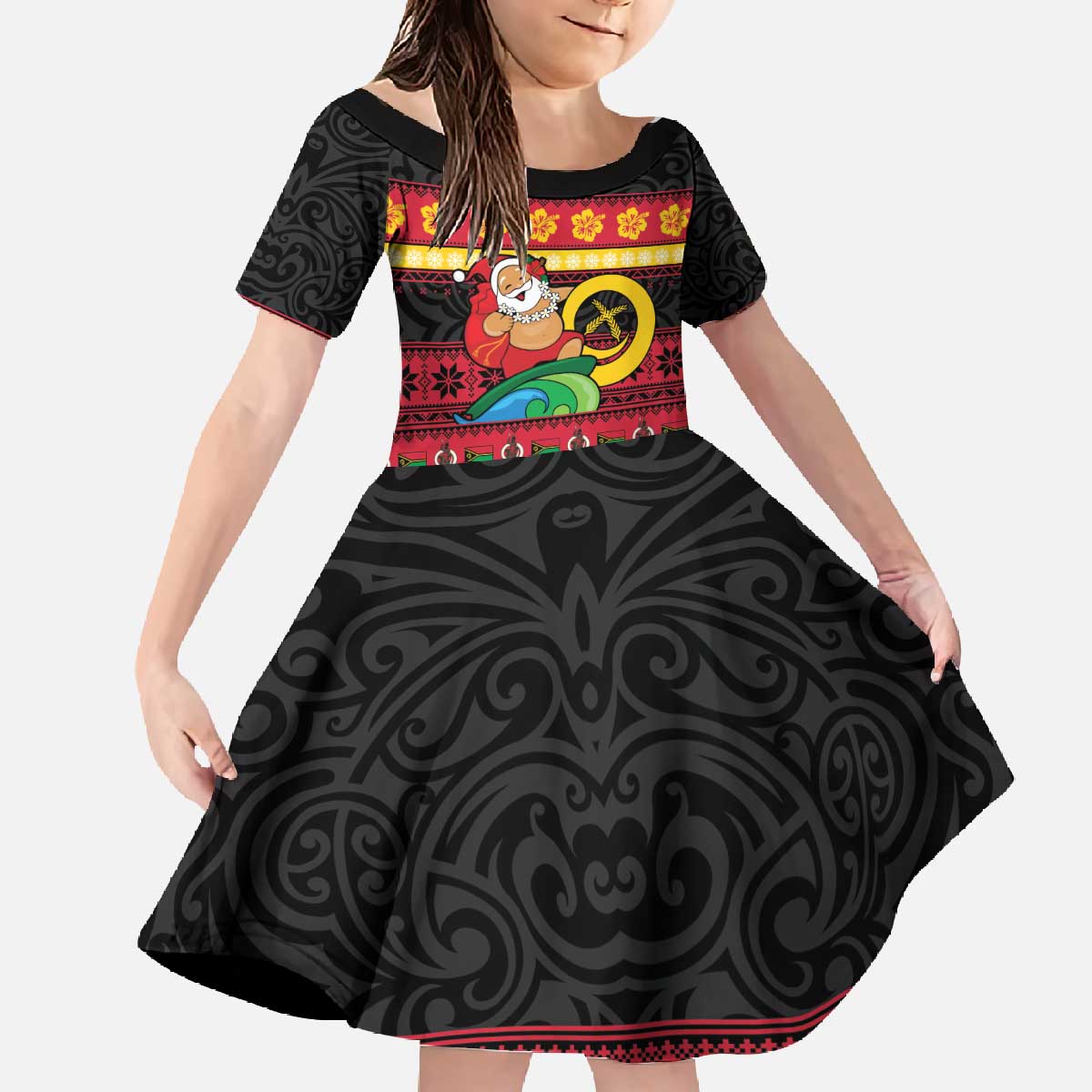 Vanuatu Christmas Family Matching Off The Shoulder Long Sleeve Dress and Hawaiian Shirt Joyeux Noel Surfing Santa With Boar Tusk - Polynesian Pride