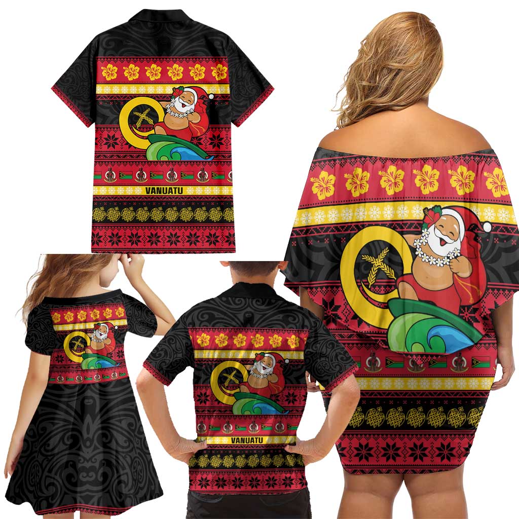 Vanuatu Christmas Family Matching Off Shoulder Short Dress and Hawaiian Shirt Joyeux Noel Surfing Santa With Boar Tusk - Polynesian Pride