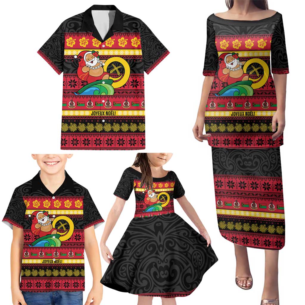 Vanuatu Christmas Family Matching Puletasi and Hawaiian Shirt Joyeux Noel Surfing Santa With Boar Tusk - Polynesian Pride