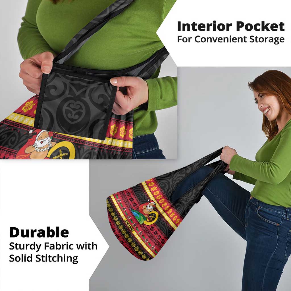 Vanuatu Christmas Grocery Bag Joyeux Noel Surfing Santa With Boar Tusk - Polynesian Pride