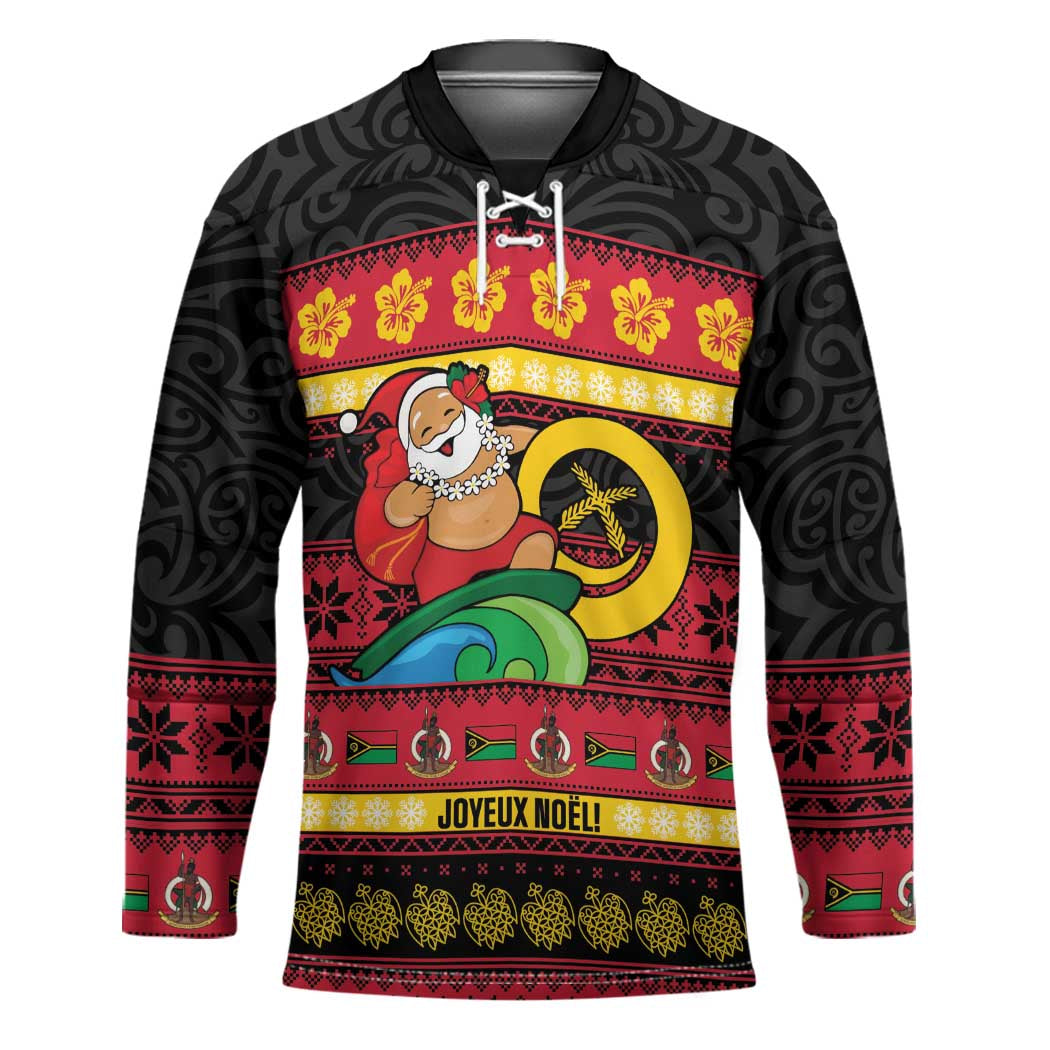 Vanuatu Christmas Hockey Jersey Joyeux Noel Surfing Santa With Boar Tusk - Polynesian Pride