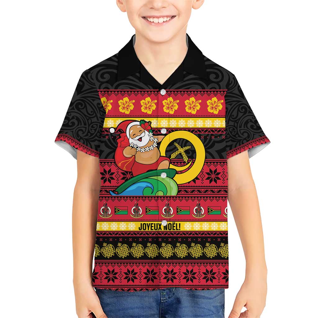 Vanuatu Christmas Kid Hawaiian Shirt Joyeux Noel Surfing Santa With Boar Tusk - Polynesian Pride