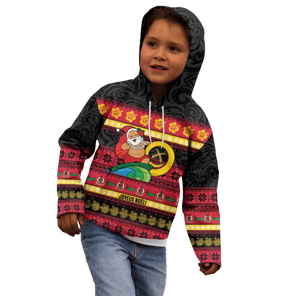 Vanuatu Christmas Kid Hoodie Joyeux Noel Surfing Santa With Boar Tusk - Polynesian Pride